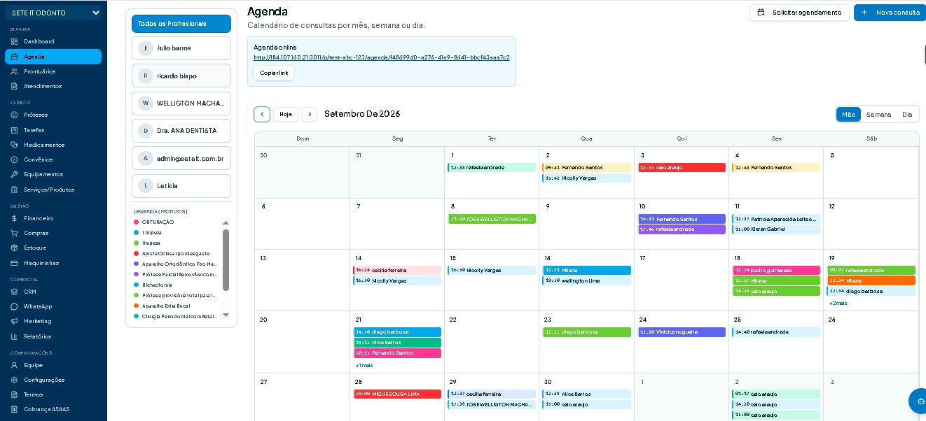 Tela da agenda do Sete Odonto