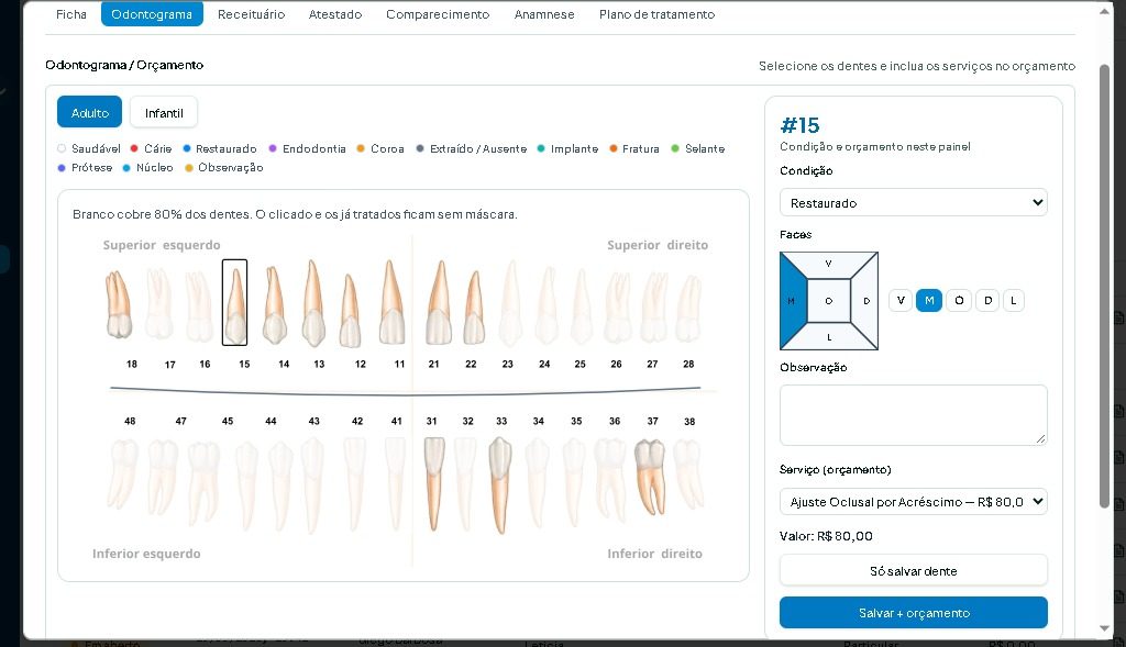Tela de odontograma e orçamento do Sete Odonto